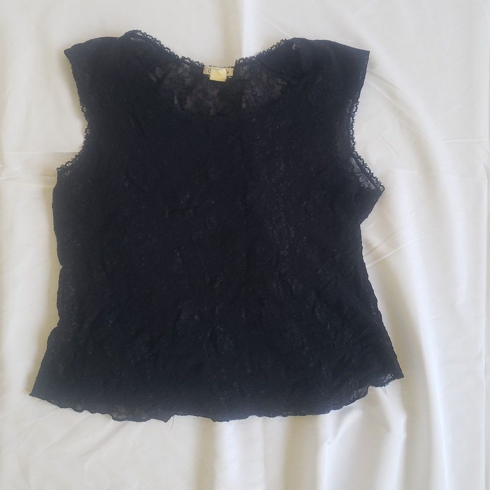 Cuddl Duds Sheer Black Lace Cap Sleeve Top